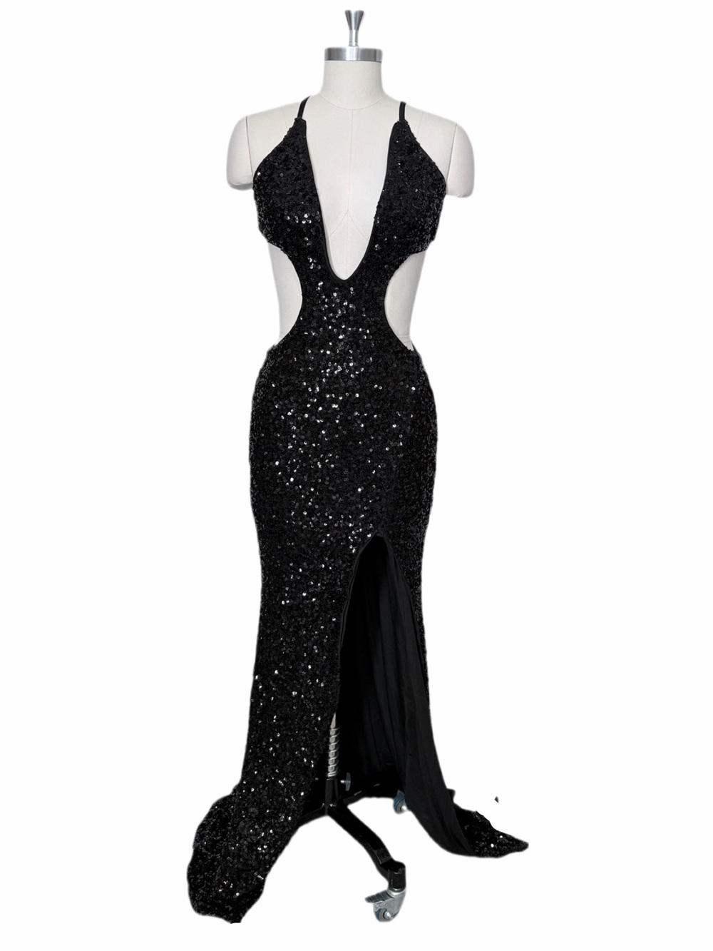 Black Sequined Cut Out Dress Gown Size XS Crisscross Straps NWT SHEINX Deep V
